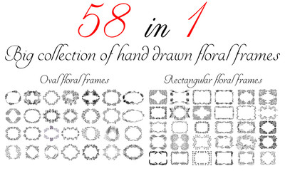 Big collection of 58 oval and rectangular floral frames. Big floral botanical flowers set isolated on a white background. Hand drawn outline vector collection