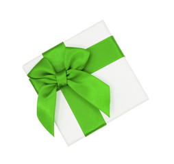 Closeup white gift box with green ribbon isolated on white background with clipping path, Christmas and new year's day concept
