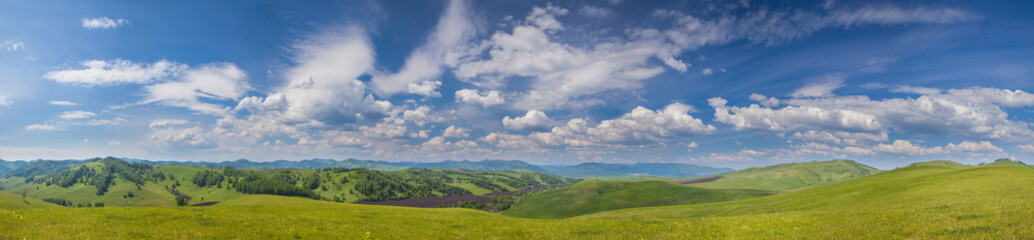 Panoramic view of green hills and picturesque blue sky with white clouds. Spring greens of meadows and forests. Countryside in the mountains of Altay.