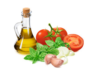 Italian pesto ingredients, tomato, green basil, garlic, onion  and olive oil in bottle isolated on white background