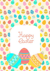 Colorful vector Easter Postcard with decorative eggs and lettering. Template for card. Yellow background