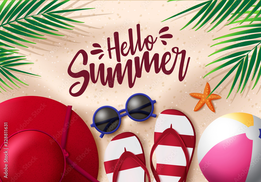 Poster hello summer in sand background vector design. hello summer text with beach element like hat, flip f