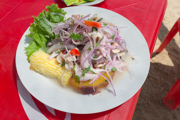 Fish cebiche with onions, cassava and sweet potato served in a white plate