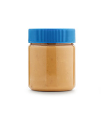 Coarse peanut butter in clear plastic Packaging With a blue lid isolated on white background, clipping path.