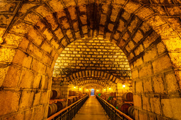 Oak barrels in wine cellars, Changli County, Hebei Province, China
