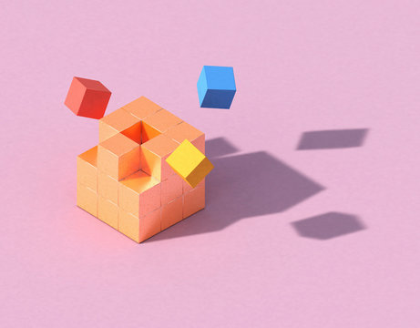 3d rendering geometry cubes minimal concept, pink color background for product or perfume