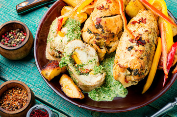 Rolled chicken stuffed with spinach