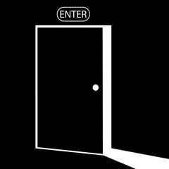 open door, entrance, light icon in white color, isolated on black background. EPS 10 vector.