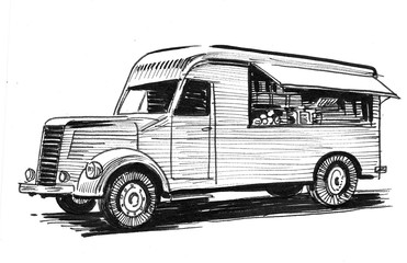 Vintage food truck. Ink black and white drawing