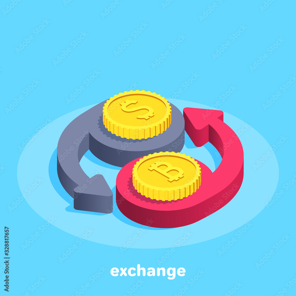 Poster isometric vector image on a blue background, icon in the form of two arrows and gold coins with a do