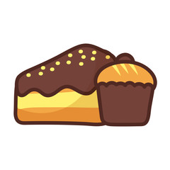 portion of birthday cake and cupcake on white background