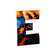 Letter E on white background with earthquake drawing by pastel.