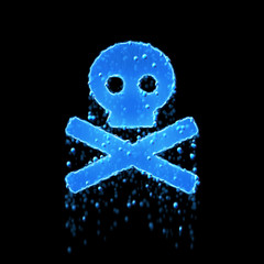 Wet symbol skull crossbones is blue. Water dripping