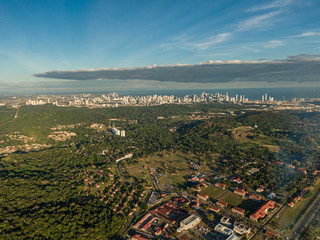 Beautiful aerial view of the Beautiful aerial view of the Panama Channel on the Sunset