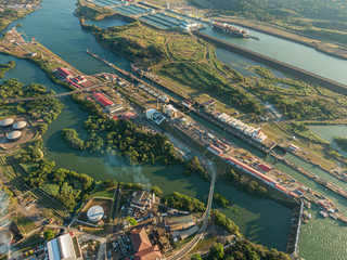 Obraz premium Beautiful aerial view of the Beautiful aerial view of the Panama Channel on the Sunset