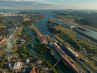 Beautiful aerial view of the Beautiful aerial view of the Panama Channel on the Sunset