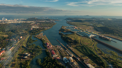 Beautiful aerial view of the Beautiful aerial view of the Panama Channel on the Sunset