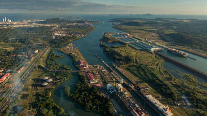 Beautiful aerial view of the Beautiful aerial view of the Panama Channel on the Sunset