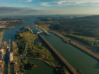 Beautiful aerial view of the Beautiful aerial view of the Panama Channel on the Sunset