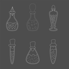 Potion bottle set of isolated magic glass tube images on black background. Hand drawn style. Vector illustration.