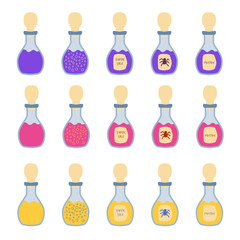 Set Potion bottles. Magic drinks, fairy elixirs, substance with bubbles, witch beverages. Vector set of fantasy game chemical jars for magic alchemy laboratory.