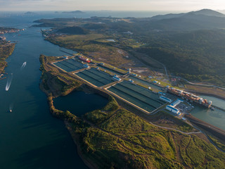 Beautiful aerial view of the Beautiful aerial view of the Panama Channel on the Sunset
