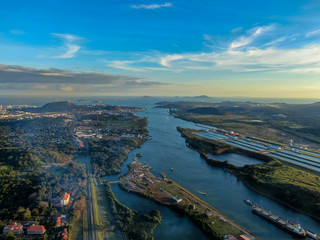 Beautiful aerial view of the Beautiful aerial view of the Panama Channel on the Sunset