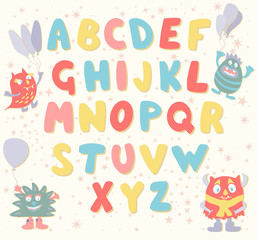 Alphabet poster with cute monsters. Art for kids. Vector illustration.