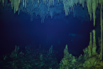 Fototapeta na wymiar underwater cave stalactites landscape, cave diving, yucatan mexico, view in cenote under water