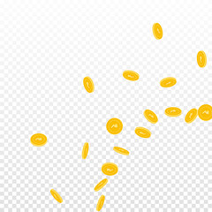 Indian rupee coins falling. Scattered sparse INR c