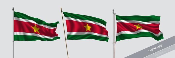 Set of Suriname waving flag on isolated background vector illustration