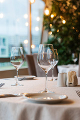  Served dinner table in a restaurant. Restaurant interior