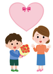 母の日　カーネーションを母親に贈る男の子　イラスト