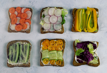 Assortment vegan sandwiches on white concrete background. Set different vegetarian smorrebrod. Top view or flat lay.