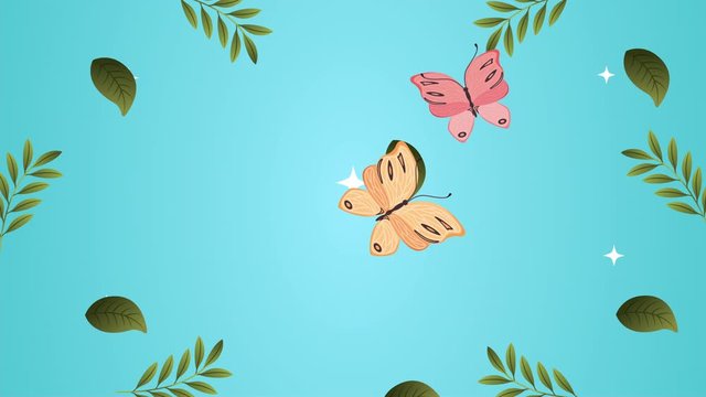 beautifull leafs garden and butterflies flying animation