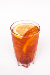Ice black tea with lemon slice isolated on white background