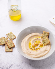 Vegan food, plate with hummus ready to serve with snack