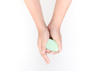 Step 1 start using soap. Kid hand using soap to wash.