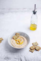 Vegan food, plate with hummus ready to serve with snack