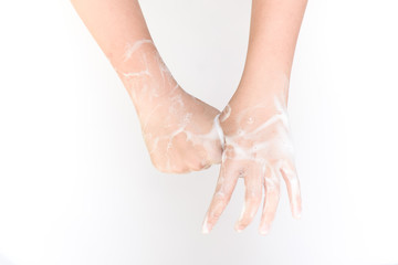 Step 5 base of thumbs. Kid hand using soap to wash.