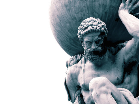 Statue of the Greek God Atlas holding the globe on his shoulders.  With colour toning