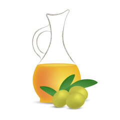 Vector illustration of olives with green leaves and a jug with olive oil on a white background. Design element for print and web.