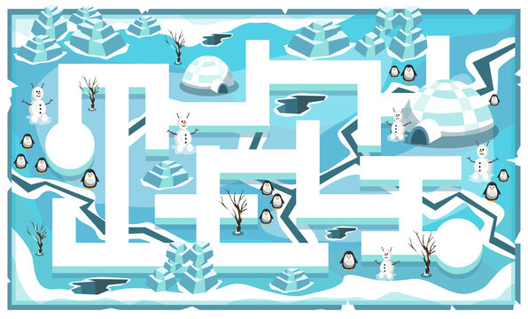 Map Frozen Snow Freeze Theme with Path and Penguins, snow house, snowman and ice blocks for 2D Game Platformer Vector Illustration