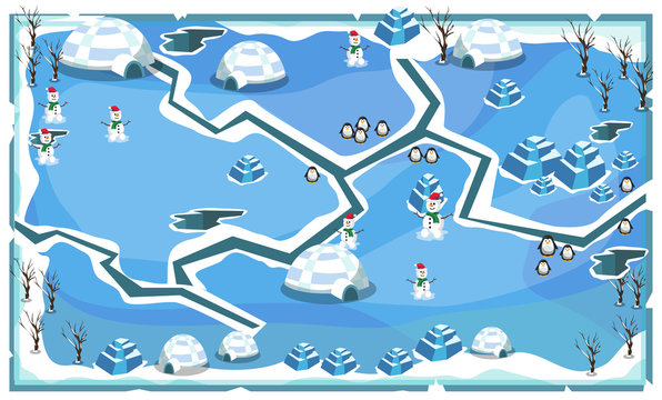 Map Frozen Snow Freeze Landscape Theme with Cracks, Penguins, snow house, snowman and ice blocks for Vector Illustration Design Ideas