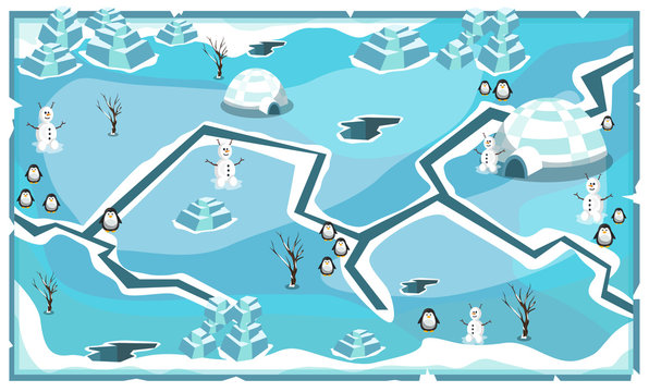 Map Frozen Snow Freeze Landscape Theme with Penguins, snow house, snowman and ice blocks for Vector Illustration Design Ideas