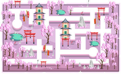 Map Pink Sakura Japanese Theme with Path and Home, Fish Pond and Japanese Style Ornament for 2D Game Platformer Vector Illustration