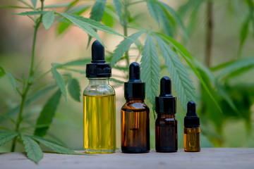 Details in the CBD oil bottle extracting fresh marijuana tablets isolated by the white medical cannabis concept.