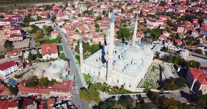 Amazing view of Edirne, Old mosques, Selimiye Mosque, Drone Shot, old town, 3 minarets, Edirne City aerial view 4K