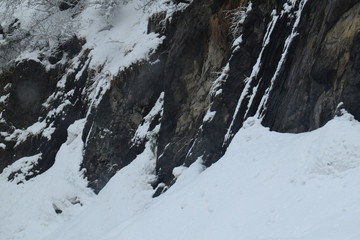 Beautiful view of snow covered trees, mountains and cloudy sky