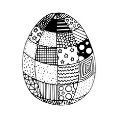Hand drawn easter egg with geometic patterns. Doodle vector illustration in cute zenart style. Element for greeting cards, posters, stickers and seasonal design. Isolated on white background.